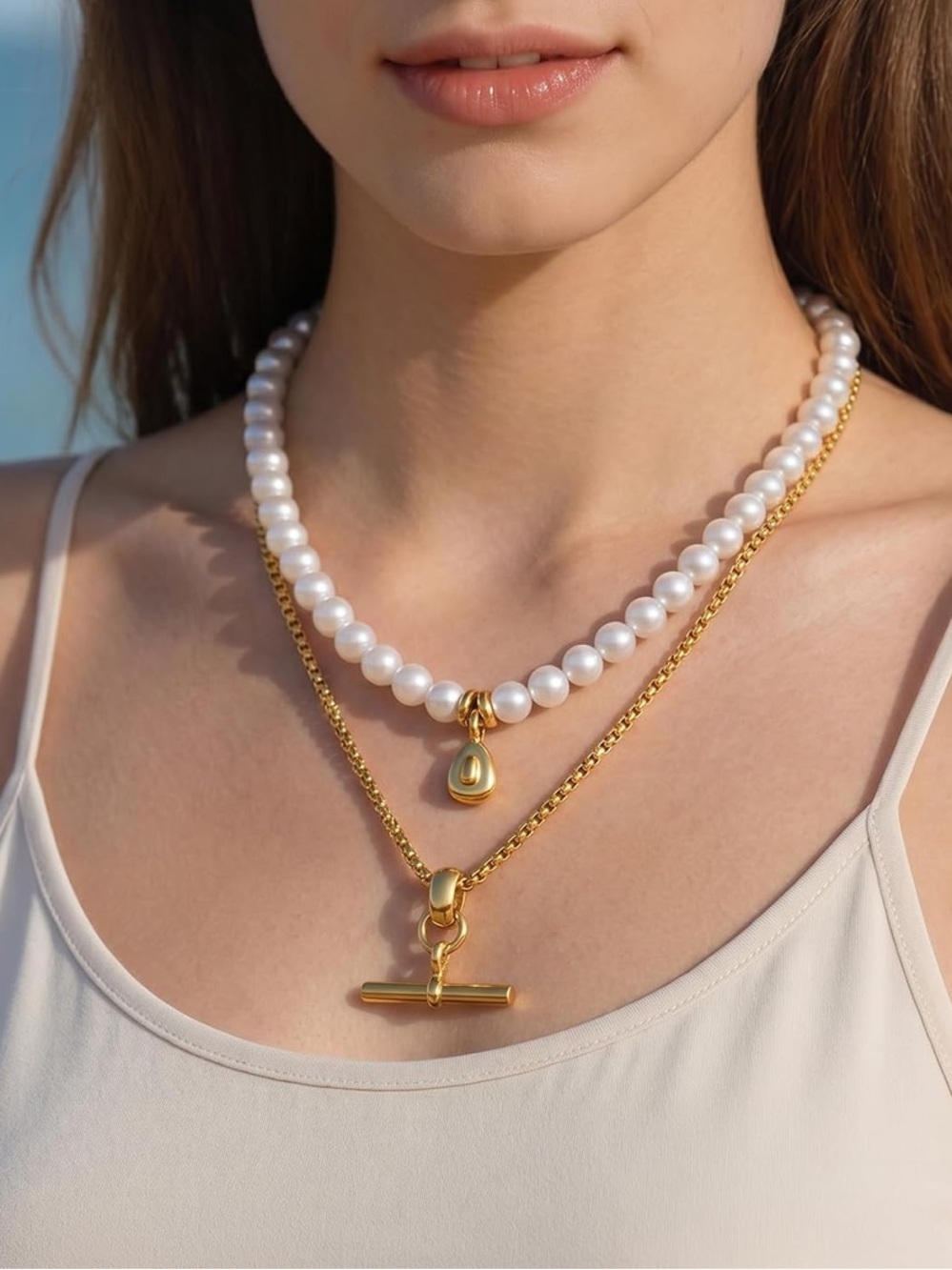 Anthropologie Gold Plated and White Pearl Layered Necklace Duo